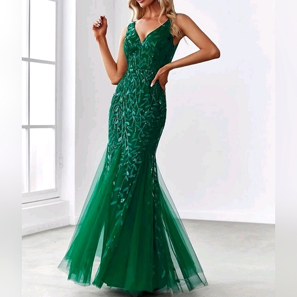 New Glam Floral Leaf Sequin Mesh Maxi Mermaid Gown Dress Green - Picture 1 of 7